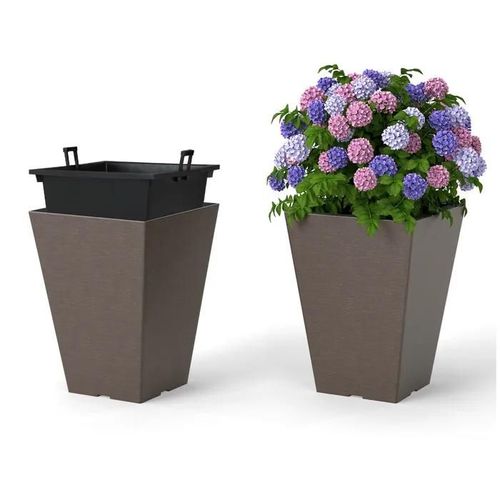Costway Lot De 2 Pots De Fleurs Carrés 35 Cm En Forme De Cône, Système D'auto-Arrosage, Seau Intérieur Amovible, Trous De Drainage