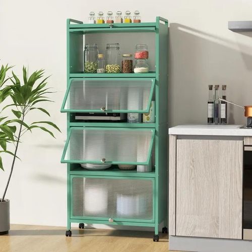 Costway Meuble Étagère De Cuisine 5 Niveaux, 4 Portes Pc Escamotables, Meuble Rangement Avec 4 Roues Pour Salle À Manger Salon Vert