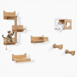 Arbre À Chat Mural 6pcs À 3 Niveaux Costway, Hamac, Gamelles, Plates-Forme, Marches, Poteaux À Griffer, Jouet Suspendu, Design Diy
