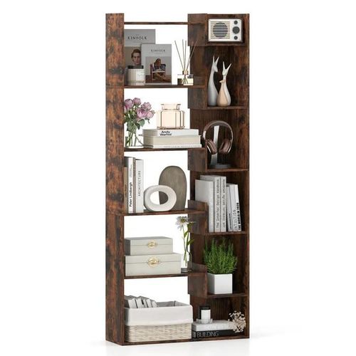 Bibliothèque À 6 Niveaux Costway, 11 Étagères Ouvertes, 2 Kits Anti-Bascule, Patins Pratiques, Pour Bureau Salon Chambre, Marron