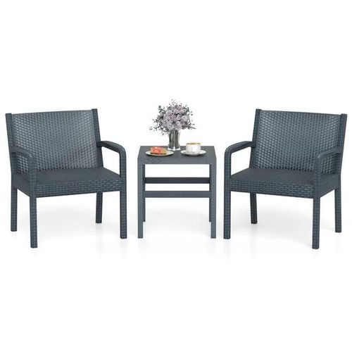 Costway Ensemble 3 Pcs Table Et Chaises De Jardin Extérieur, Table Carrée Avec 2 Chaises En Rotin, Pour Patio Bord De Piscine, Gris