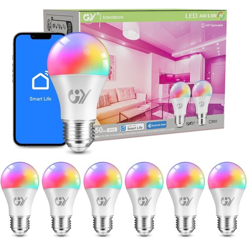 Ampoule Connectée Bluetooth Mesh Led E27 A60 6.5w 1050lm, Intelligente Dimmable Ampoule Multicouleurs Rgb + Blanc Chaud/Froid 2700k-6500k, Changement De Couleur Synchronisé Avec La[Amp742293]