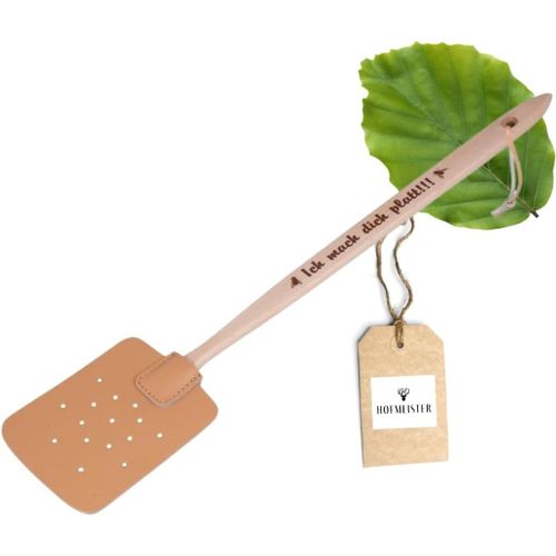 Tapette à Mouches en Bois de hêtre & Cuir,d'europe,Tapette avec Slogan imprimé : Je Te Mets à Plat !!!,Raquette Pratique pour Attraper Les Insectes,Attrape-moustiques,47,5 cm