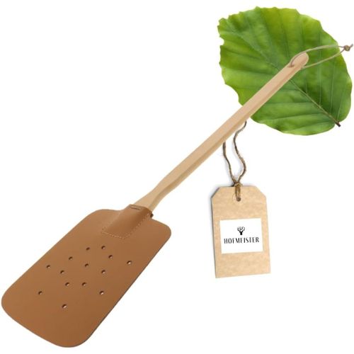 Tapette à Mouches en Bois de hêtre & Cuir - Attrape-Mouches européen,Raquette à Insectes avec lanière en Cuir,47,5 cm,Protection Contre Les moustiques