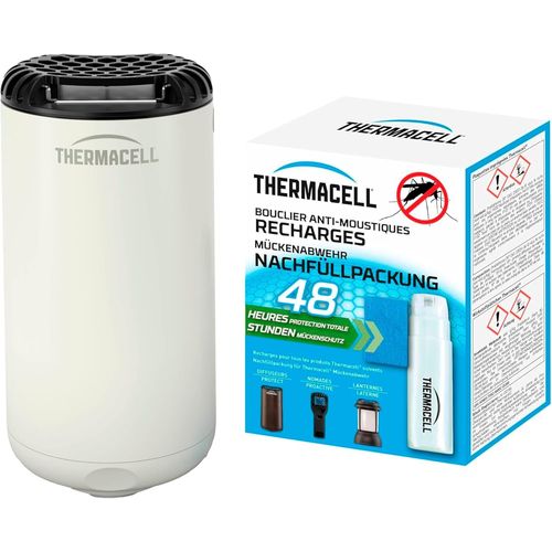 Diffuseur Anti Moustiques et Moustiques Tigres - Extérieur - sans Fil,Nomade - Zone de Protection 20m² - Effet Rapide - Inodore - Recharges 48h - 4 Cartouches Gaz + 12 Plaquettes - Blanc