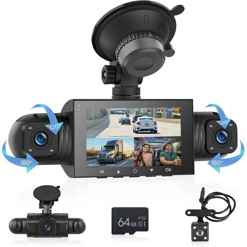 4 Channel Front,Interior and Rear Car Dashcam,3 Inch Screen 1080P Dashcam with Map,Monitor,G-Sensor,Loop Recording,Night Vision Dash Cam Car