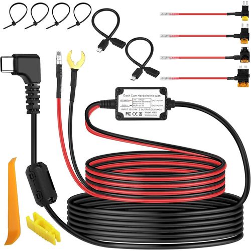 Dash Cam Cable Kit USB Type C Adapter Micro USB/Mini USB 12V-24V to 5V Power Cord with 4 Fuses and Tool for GPS Navigator Radar Detector