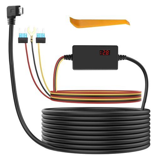 Dash Cam Cable Kit,Micro USB 12V-24V to 5V Step-Down Hard Micro USB Cable with LED Display,Support 24 Hours Monitoring,Camera Power Cable
