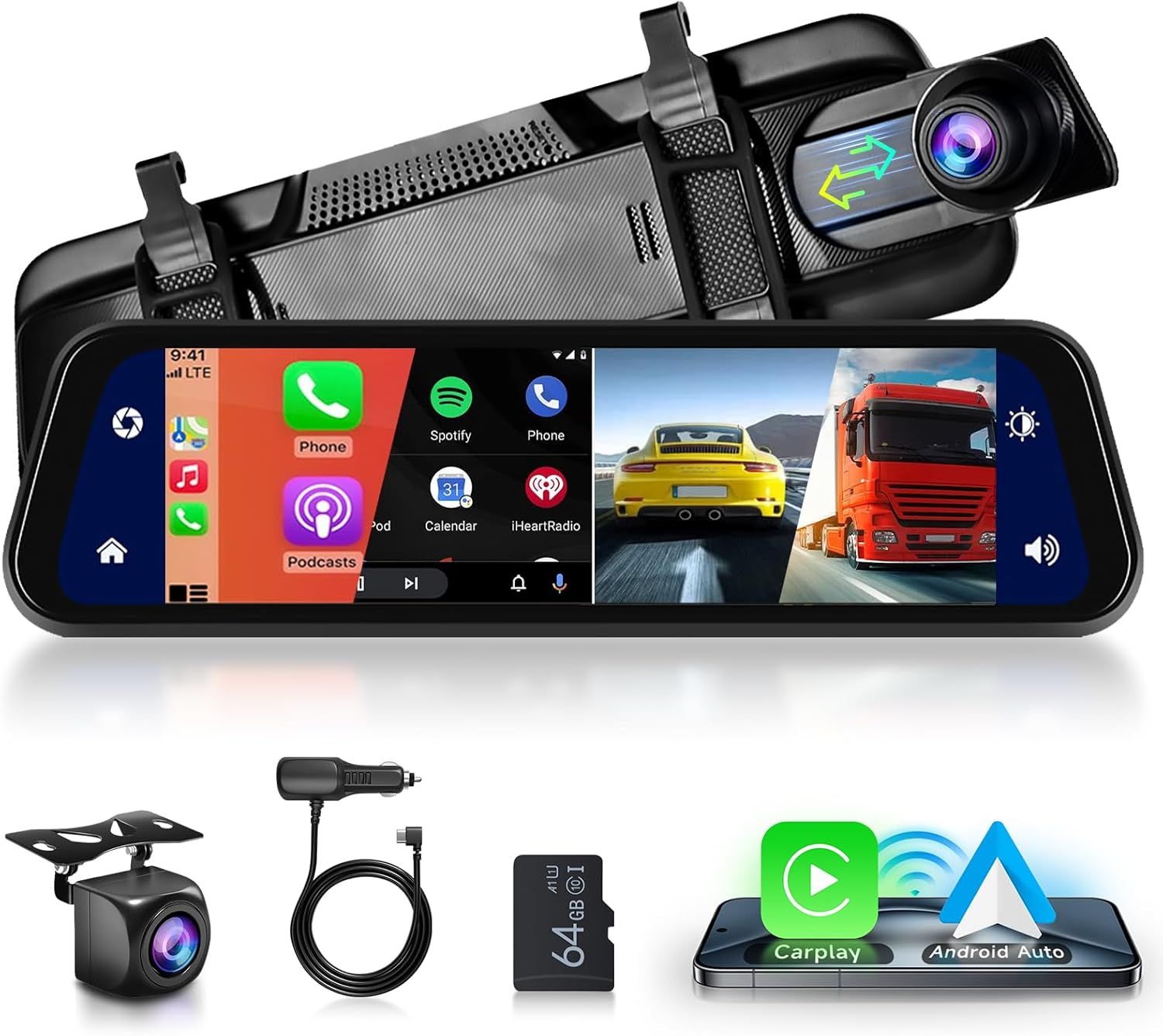 9.66 Inch Dashcam Rearview Mirror & Reversing Camera with Wireless Bluetooth Carplay Android Car Touch Screen Night Vision G-Sensor 32GB SD Card [1080P,720P,140° Front,170° Rear]