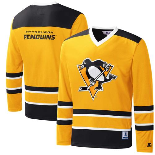 T-Shirt À Manches Longues Et Col En V En Jersey À Carreaux Croisés Starter Gold/Black Pittsburgh Penguins Pour Hommes