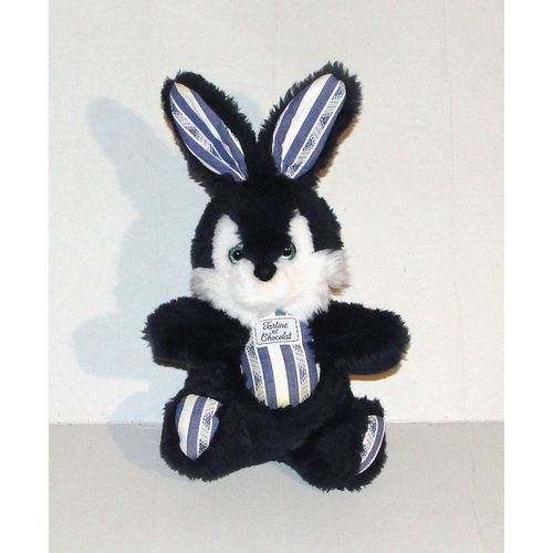 Doudou Peluche Lapin Bleu Marine Aux Yeux Bleus Et Nez Noir Vintage Tartine Et Chocolat 30cm