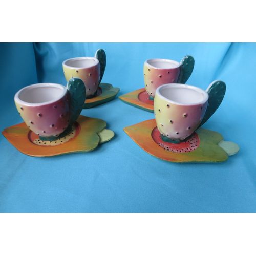4 Tasses À Café Forme Figue De Barbarie + Soucoupes Bois
