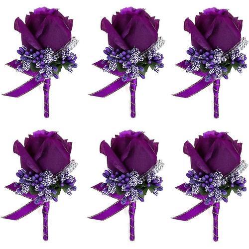 Boutonnière À Fleurs Pour Hommes, 6 Pièces, Corsage En Soie Fait À La Main Pour Marié, Costumes De Fête De Mariage, Violet