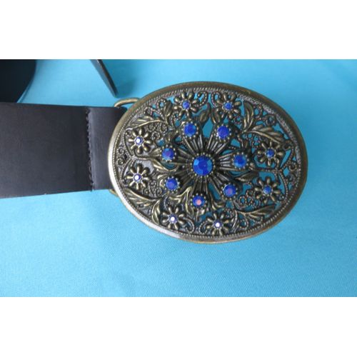 Ancienne + Ceinture Femme Cuir Et Boucle Avec Pierres