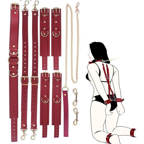 Kal-Bdsm Kit De Bondage Sexuel Pour Chien Esclave Avec 4 Menottes, 2 Sangles Et 2 Colliers Avec Laisse - Jouet Sexuel Érotique Pour Couples Et Femmes - 10 Pièces - Rouge