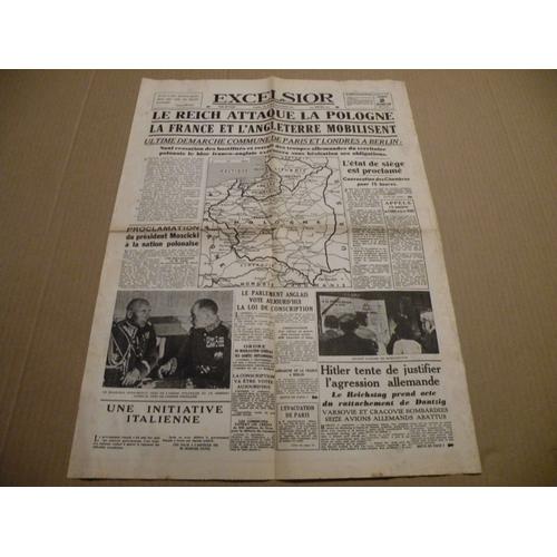 Brade Exemplaire Journal Excelsior Du Samedi 2 Septembre 1939