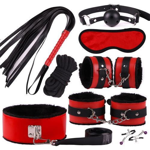 Kal-Ensemble De Bondage Érotique 8 Pièces En Cuir Sm Sex Toy Avec Menottes Jouets Érotiques Parfaits Pour Les Couples Débutants (Rouge)