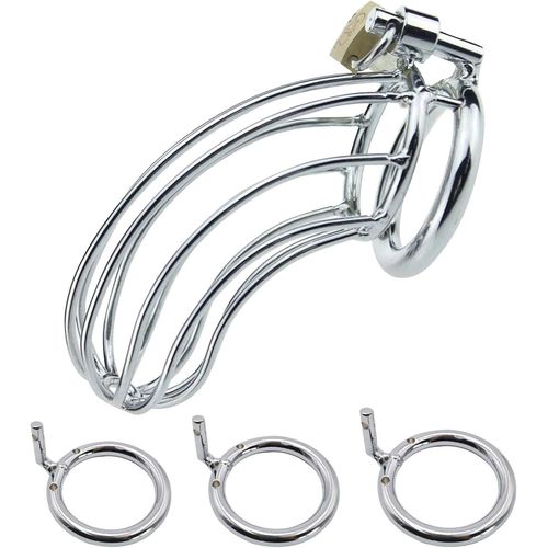 Kal-Ceinture De Chasteté Grand Hommes Métal Ceinture De Chasteté Avec Trois Anneaux Pour Pénis Sm Bondage Jouets Sexuels Pour Hommes (Silvery)