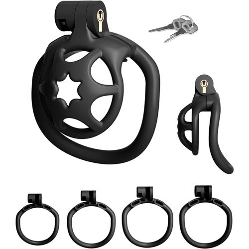 Kal-Starlight Respirable Chastity Cage Avec 4 Cock Rings Grand Angle - Design Cage De Chasteté Hommes Jouets Sexuels Sm Ensemble Fétiche Pour Homme Bondage (Black)
