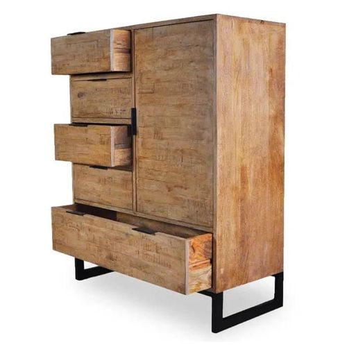 Buffet Haut 5 Tiroirs Et 1 Porte Battante Panara Bois Chêne Clair