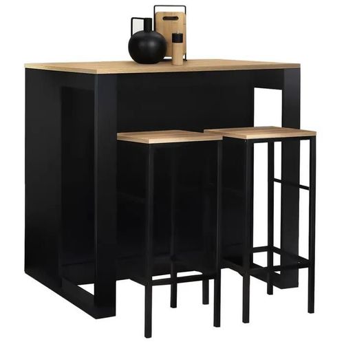 Ensemble Table De Bar Îlot Juno Bois Noir Avec Plateau Façon Hêtre Et 2 Tabourets De Bar Detroit