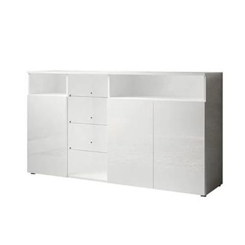 Buffet Bahut 3 Portes | 3 Étagères En Verre | Led | 150 X 82 X 40 Cm | Couleur Blanc Avec Finition Brillante | Clark L