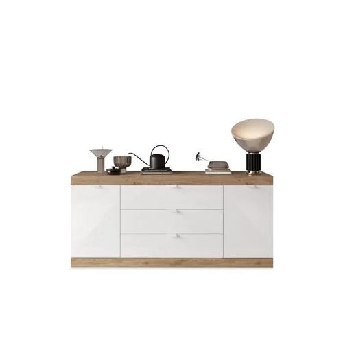 Buffet 2 Portes 3 Tiroirs L.180 Cm Slim Imitation Chêne Et Blanc Brillant