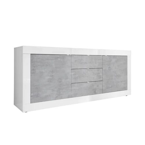 Buffet 2 Portes 3 Tiroirs Bright Blanc Laqué Et Imitation Béton
