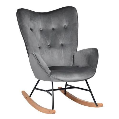 Fauteuil À Bascule Scandinave Velours Gris Pieds En Bois De Hêtre