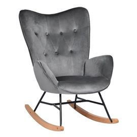 Fauteuil À Bascule Scandinave Velours Gris Pieds En Bois De Hêtre