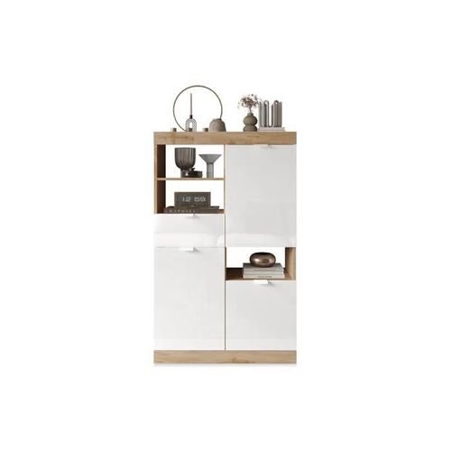 Buffet Haut 2 Portes 3 Tiroirs H.149 Cm Slim Imitaiton Chêne Et Blanc Brillant