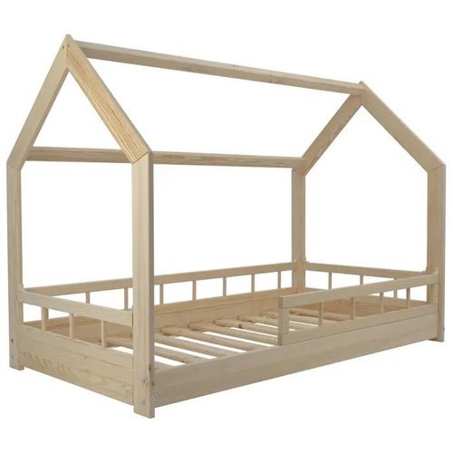 Lit D'enfant Cabane Maison En Bois De Pin Naturel Brut 160x80 Cm Avec Barreaux : Charme Rustique Et Sécurité Réunis