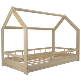 Lit D'enfant Cabane Maison En Bois De Pin Naturel Brut 160x80 Cm Avec Barreaux : Charme Rustique Et Sécurité Réunis