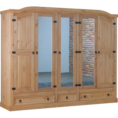 New Mexico Armoire 5 Portes Avec 3 Portes Miroirs, 2 Portes Lambrissées Et 3 Tiroirs, Délavés, Cirés.