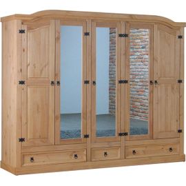 New Mexico Armoire 5 Portes Avec 3 Portes Miroirs, 2 Portes Lambrissées Et 3 Tiroirs, Délavés, Cirés.