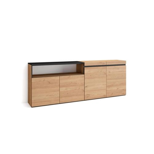 Buffet Salon Et Cuisine, 200x75x35cm, 4 Portes, Chêne Et Noir
