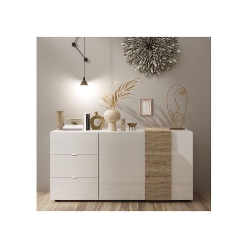 Buffet 2 Portes 3 Tiroirs - Blanc Laqué Brillant Et Chêne Cadiz - L181 Cm