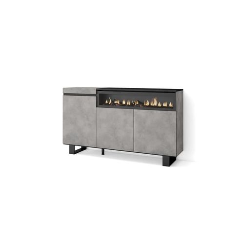 Buffet Salon Et Cuisine, 150x87x35cm, 3 Portes, Cheminée Électrique, Design Industriel, Ciment
