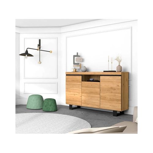 Buffet Salon Salle À Manger Bureau Couleur Chêne/Noir 3 Portes 1 Compartiment 140x40x92cm