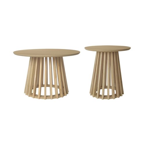 Set De 2 Tables Basses Rondes Plateau Effet Bois Chêne Et Pieds En Bois De Sapin. Ø40cm Et Ø60cm