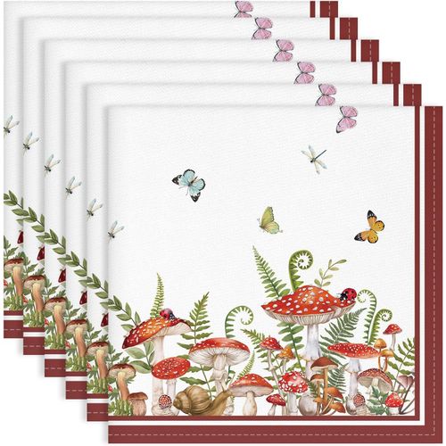 Eryi-Serviettes De Table Lot De 6, Serviettes En Tissu 100% Coton Champignon Rouge Doux Et Confortable Réutilisables Serviettes Pour Le Dîner En Famille Mariage Cuisine Printemps Été(45cm×45cm)
