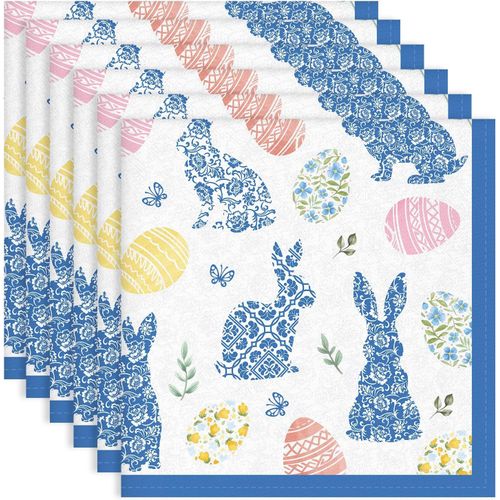 Eryi-Serviettes De Feuille Table Lot De 6, Serviettes Oeufs De Pâques Lapin Bleu En Tissu 100% Coton Doux Et Confortable Réutilisables Serviettes Pour Le Dîner Famille Pâques Cuisine(45cm×45cm)