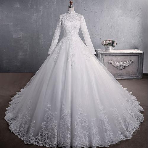 Robe De Mariée Musulmane À Col Haut Avec Train Princesse Luxe Broderie Dentelle