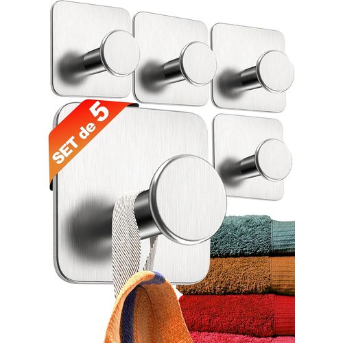 ERYI-Accroche-Serviette Sans Perçage Set De 5 - Porte Serviettes De Salle De Bains Modernes Argenté - Crochet Adhésif Mural En Inox