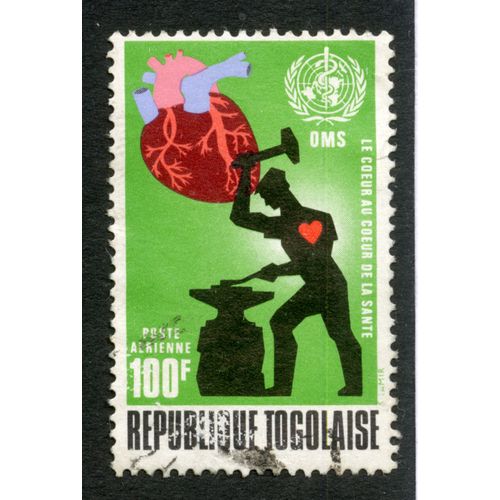 Timbre Oblitéré République Togolaise, Oms, Le Coeur Au Coeur De La Santé, Poste Aérienne, 100 F