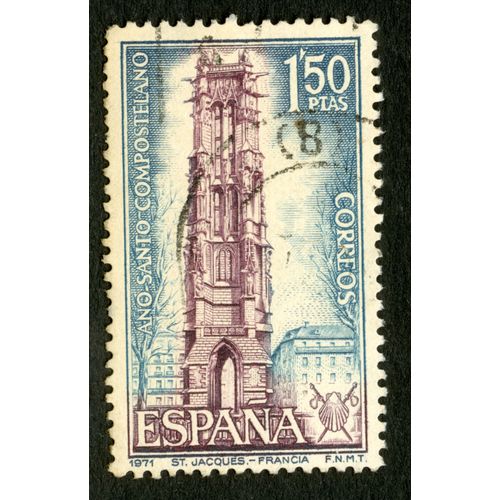 Timbre Oblitéré Espana, Ano Santo Compostelano, Correos, 1971, St. Jacques, Francia, 1.50 Ptas