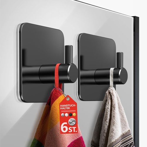 ERYI-Lot De 6 Crochets Porte-Serviettes Sans Perçage - Noir - Sans Perçage - Crochets En Acier Inoxydable - Crochets Adhésifs Imperméables - Crochets Autocollants Pour Salle De Bain