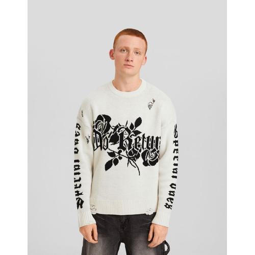  Pull Imprimé Floral Homme M Écru