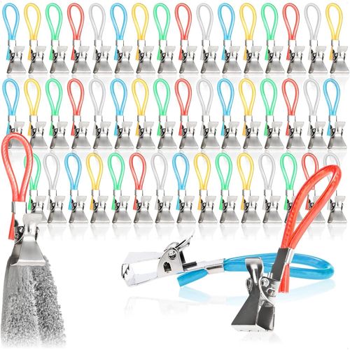 Eryi-® 50x Pinces Porte-Serviettes En Plastique Et Métal Chromé - Pinces Colorées Pour Serviettes, Débarbouillettes, Éponges De Bain - Boucles De Suspension Pour Maniques Et Torchons (50 Pièces)