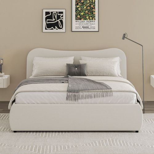 Lit Coffre 160x200cm Design Arrondi Velours Côtelé Beige Plano